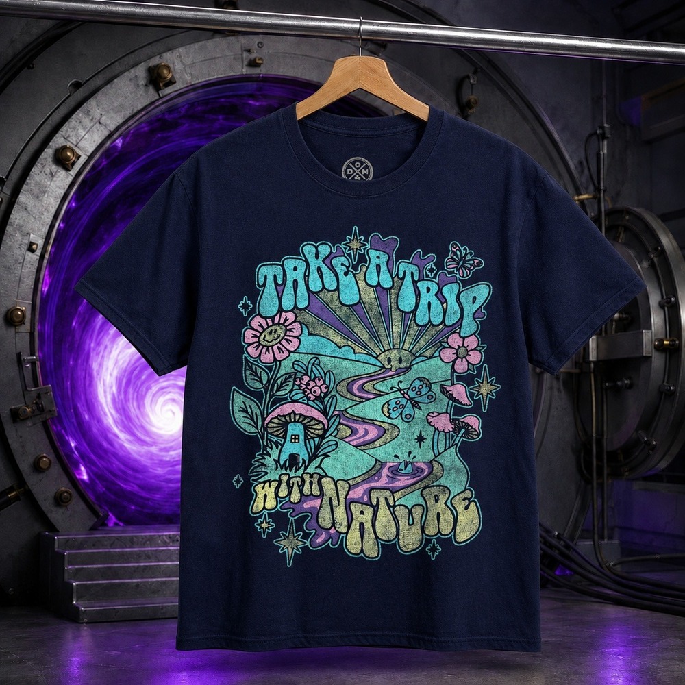 Take A Trip With Nature Graphic Tee Navy Blue Mushroom Psychedelic Small